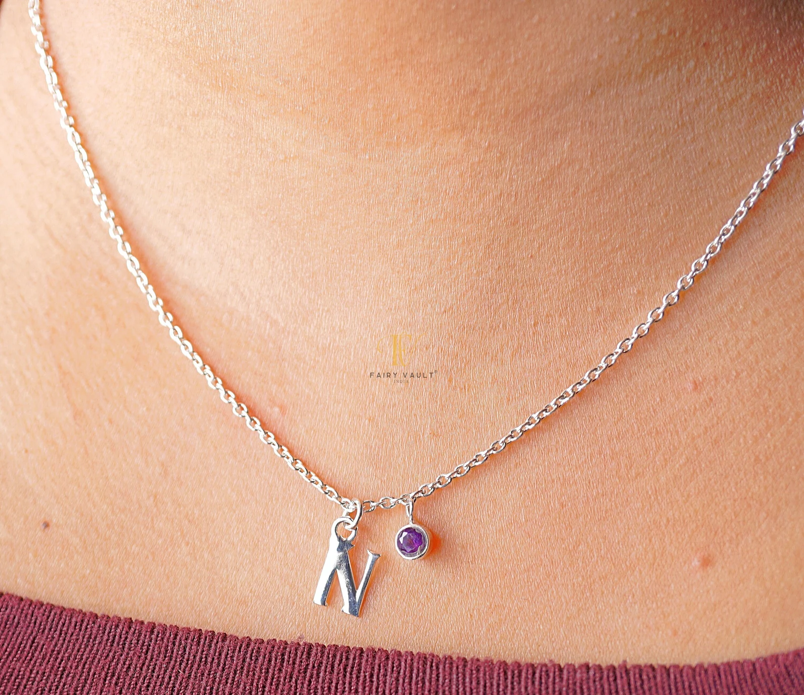 Initial and Birthstone Silver Necklace